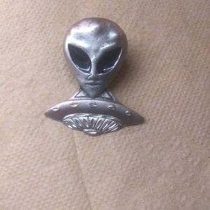 Silver Tone Alien. And Spaceship Hat Pin/ Marked